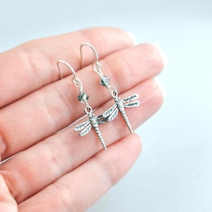 May include: Silver dragonfly earrings with intricate wing details and small, faceted beads. The earrings are suspended from simple ear wires. The dragonfly design is a delicate and nature-inspired jewelry piece.