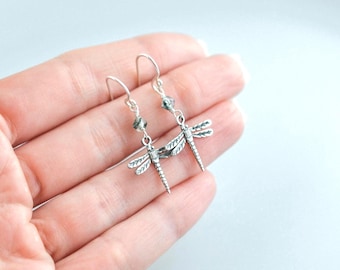 Sterling Silver Dragonfly Earrings, Insect Dangle Jewelry, Moss Agate Drop Earrings, Nature Inspired Cottagecore Style, Garden Bug Earrings