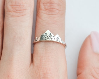 Sterling zilveren bergring, bosring voor vrouwen, zilveren boomring, sierlijke natuurring, Cottagecore sieraden, natuur geïnspireerde ring