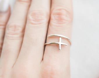 Sterling Silver Cross Ring for Women, Adjustable Crucifix Ring, Everyday Wrap Purity Ring, Minimalist Christian Ring, Adjustable Cross Ring