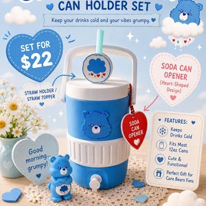 May include: A blue and white Grumpy Bear can holder set featuring a bear-themed cooler with a spigot, a straw topper with a cloud design, and a red heart-shaped soda can opener. The set includes a small Grumpy Bear figurine and text labels.