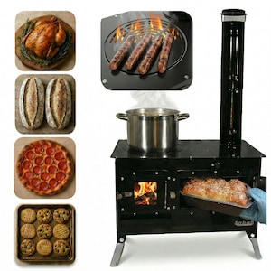 May include: A black outdoor cooking stove with a chimney, grilling grate, and oven. The stove has a fire burning inside, and various foods are displayed, including a roasted chicken, pizza, bread, and cookies. Sausages are grilling on top.