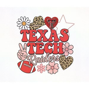 May include: A graphic design featuring the words "TEXAS TECH Raiders" in red, with a variety of decorative elements. Includes a cowboy hat, heart, star, peace sign, football, and flowers. The design has a retro, collegiate theme.