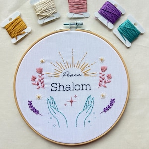 Peace Handcrafted Embroidery Art, Peace and Shalom Floral Design on 7-Inch Linen Hoop, Jewish Home Decor, Spiritual Gift, Hebrew artwork.