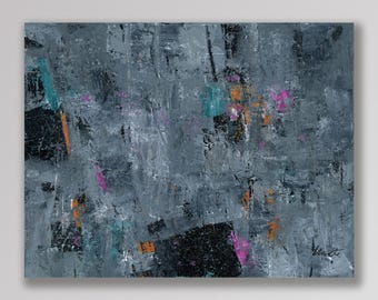 Silver Black Pink Orange Turquoise 16 an Original Abstract Acrylic Palette Knife Painting. Measures 8x10
