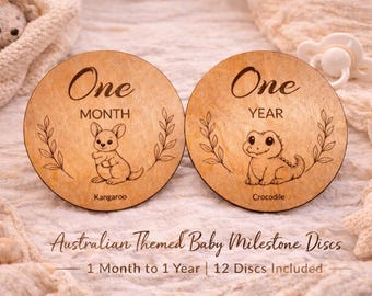 Australian Animal Baby Milestone Discs | Wooden Monthly Baby Milestones | Neutral Baby Photo Props | Baby Shower Gift | 1–12 Months Set