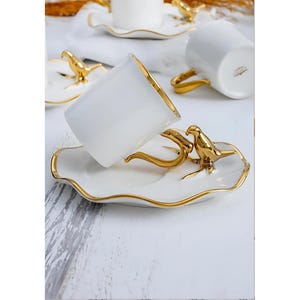 Gold Rimmed Espresso Cup Set: White Porcelain Bird Handle Design