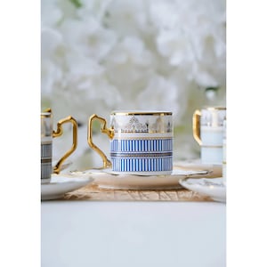 Gold-Trimmed Porcelain Espresso Cup Set: Geometric Handle, Luxury Coffee Service for 6