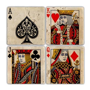 Ensemble de 4 sous-verres en pierre pour cartes à jouer - Décoration de poker vintage avec As, Roi, Dame et Valet - Cadeau amusant pour les joueurs et l'homme des cavernes