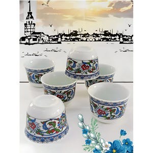 Ottoman Iznik Floral Porcelain Espresso Cups – 6-Piece Turkish Mirra Cup Set – Traditional Arabic Coffee Gift Box