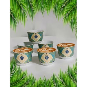 6-Piece Green Gold Mirra Cups – Ottoman Style Porcelain Coffee Set – Elegant No-Handle Espresso Mugs