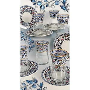 6-Piece Turkish Tea Set – Iznik Floral Pattern Glass Cups & Ceramic Saucers with Gold Trim – Traditional Ottoman Style Gift Set