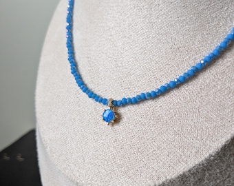 Blue Glass Beaded Opal Charm Necklace | Handmade, 15 inch