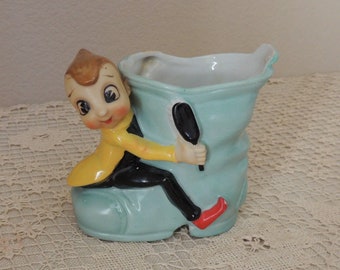 Elf on a Blue Shoe Planter. Elf with Brush on Light Blue Shoe. Pixie in Yellow Jacket Planter. Jiminy Cricket Planter. Desk Accessory.