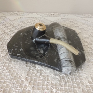 Orthoceras Carved Fossil Slab. Extinct Cephalopod Fossil Rock Pipe Holder. Black Stone Paperweight. Gray and Black Carved Specimen.