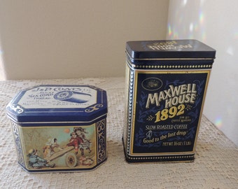 Vintage Blue Kitchen Tins. J & P Coats Thread and Maxwell House Coffee Tins.  A Pair of Farm House Country Storage Tins.