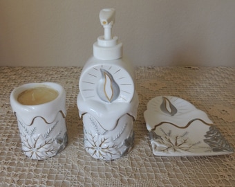 Ceramic Christmas Candle Bathroom Set. White Ceramic Gold Trimmed Candle Set. Three Piece Christmas Candle, Lotion Dispenser and Soap Set.