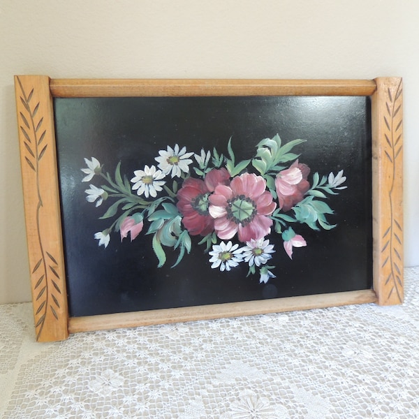 Painted Black Wood Tray. 1950's Hand Painted Flowers on Wood Serving Tray. Primitive Decorative Wall Hanging. Tole Oil Painted Tray.