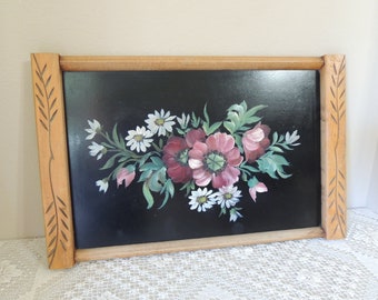 Painted Black Wood Tray. 1950's Hand Painted Flowers on Wood Serving Tray. Primitive Decorative Wall Hanging. Tole Oil Painted Tray.