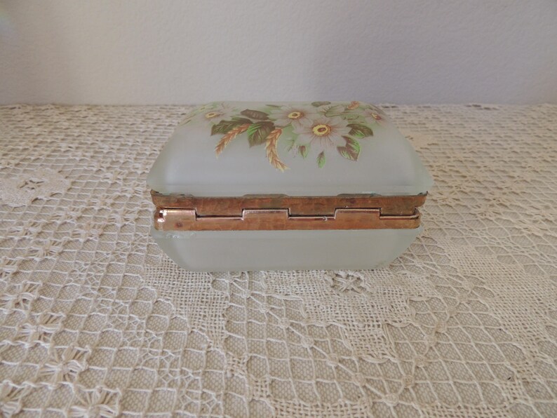 Satin Glass Floral Trinket Box. Frosted Glass Hinged Dresser Etsy
