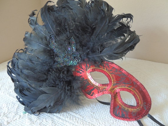 Black Feather Mask. Red Sequined Mask. Handmade V… - image 8