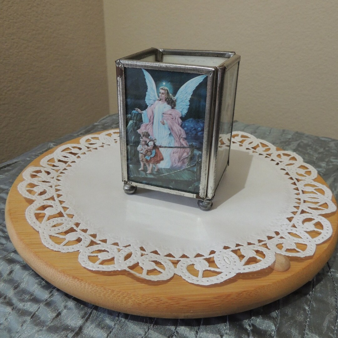 Guardian Angel Candle Holder. Glass and Metal Square Religious Etsy