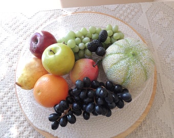 Vintage Faux Fruit Centerpiece. Green Grapes, Purple Grapes, Melon, Orange, Pear, Red and Green Apples Plastic Fruits.