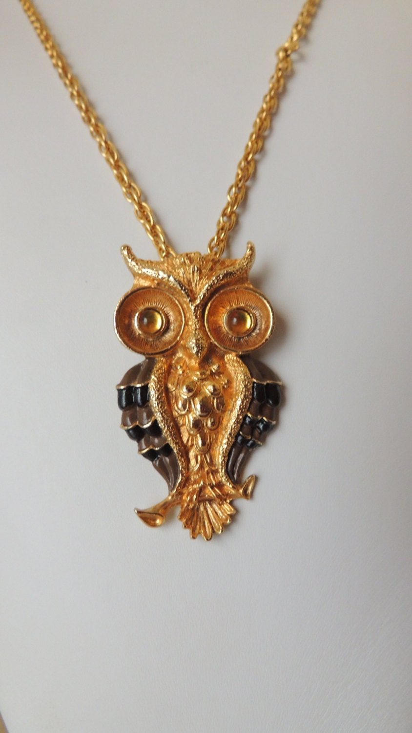 Large HMS Owl Necklace. Black and Gold Costume Jewelry. Hoot Owl Pendant Necklaces
