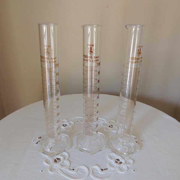 Three Karter Glass Flasks. Laboratory 100 ml Glass Cylinder Measures. Vintage Floral Vases. Sprouting Tubes.