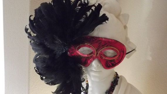 Black Feather Mask. Red Sequined Mask. Handmade V… - image 4