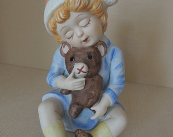 Porcelain Figurine Child's Room Music Box. Boy & Teddy Bear Windup Music Box. Child's Bedroom Teddy Bear Music Player. Nursery Music Box.