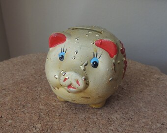 Adorable Small Gold Chinese Piggy Bank. Good Luck Happiness Pig Bank. Children's Asian Coin Bank.