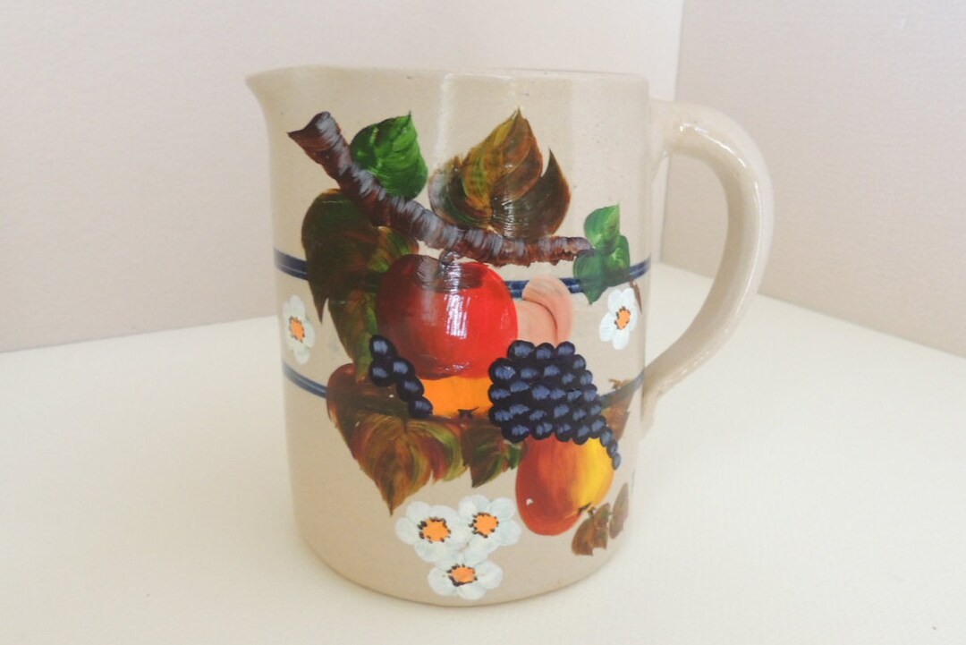 Hand-Painted Stoneware Pitcher w/ Embossed Flowers