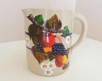 Pottery Painted Water Pitcher. Fruit and Flowers Water Pitcher. 1986 Decorated Stoneware Signed Pitcher. Fruit & Flower Handpainted Jar.