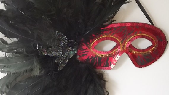 Black Feather Mask. Red Sequined Mask. Handmade V… - image 5