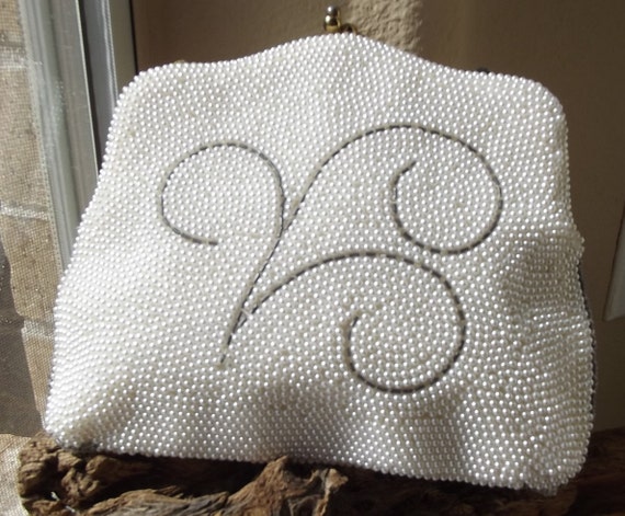 Pearl Beaded Clutch. Formal Vintage Faux Pearl Ev… - image 1