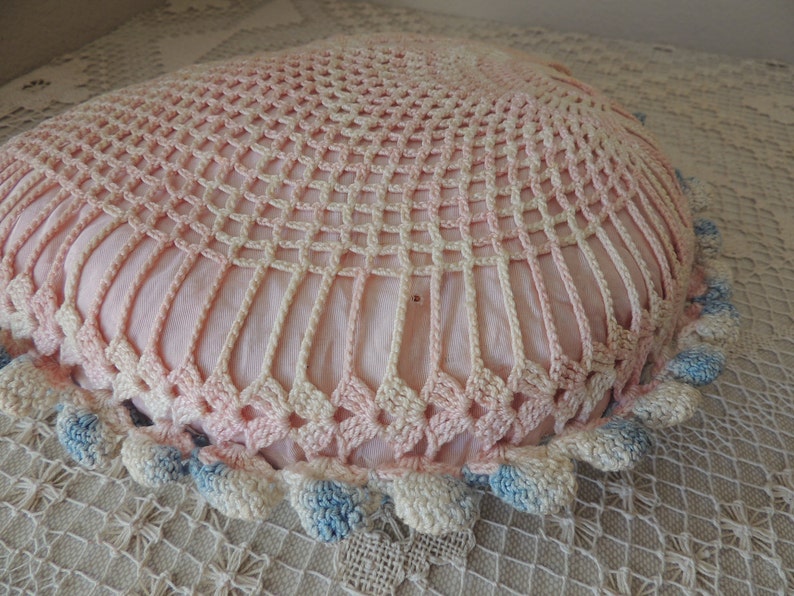 Collectible Cushion Vintage Crocheted Presentation Pillow Large Pink and Blue Pincushion Puffy Pin Cushion. Wedding Ring Pillow