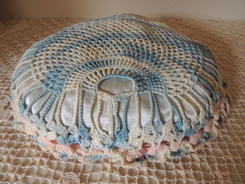 Collectible Cushion Vintage Crocheted Presentation Pillow Large Pink and Blue Pincushion Puffy Pin Cushion. Wedding Ring Pillow