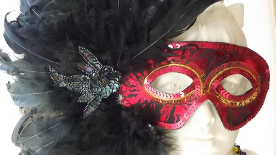 Black Feather Mask. Red Sequined Mask. Handmade V… - image 3