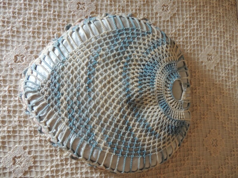 Collectible Cushion Vintage Crocheted Presentation Pillow Large Pink and Blue Pincushion Puffy Pin Cushion. Wedding Ring Pillow