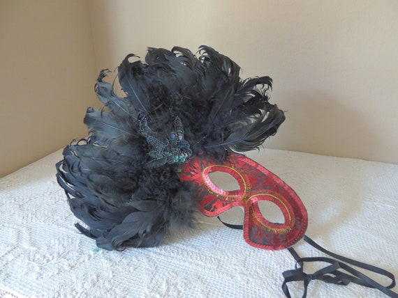 Black Feather Mask. Red Sequined Mask. Handmade V… - image 1