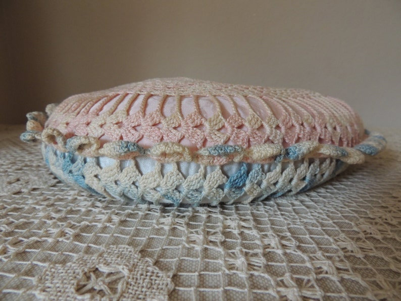 Collectible Cushion Vintage Crocheted Presentation Pillow Large Pink and Blue Pincushion Puffy Pin Cushion. Wedding Ring Pillow