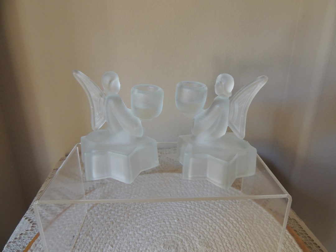 Angel Frosted Candle Holders. White Satin Glass Angel and Star Etsy UK