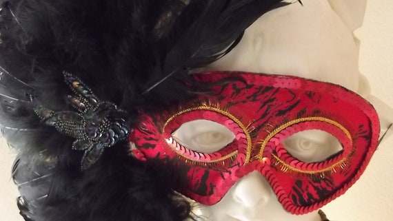 Black Feather Mask. Red Sequined Mask. Handmade V… - image 6