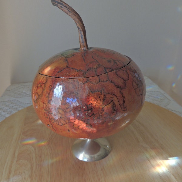 Unusual Irish Artisan Pyrography Gourd. Open Window Gallery Pyrography Painted Gourd on Brass Stand. Irish Scene Trinket Box.