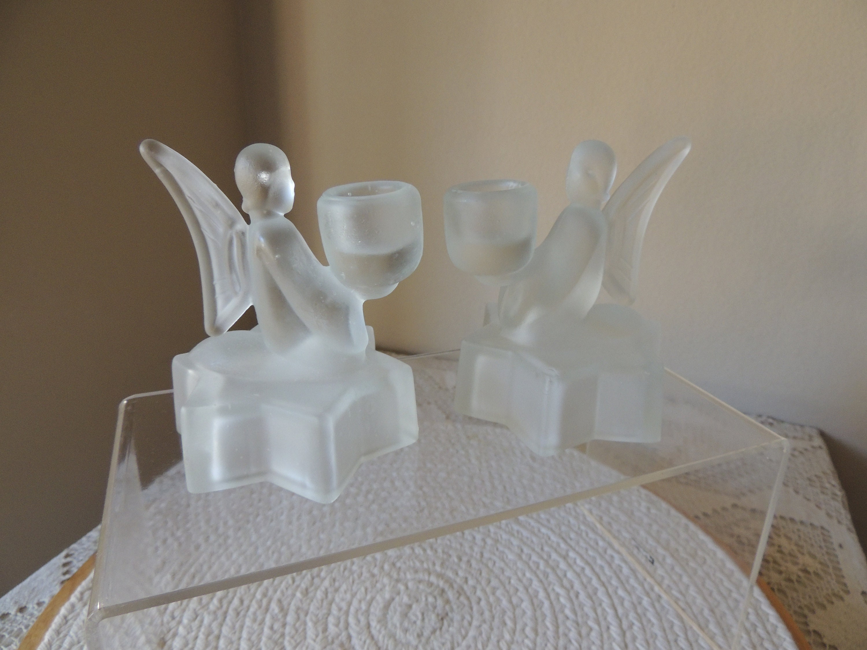 L.E. Smith Angel Frosted Candle Holders. White Satin Glass Etsy UK