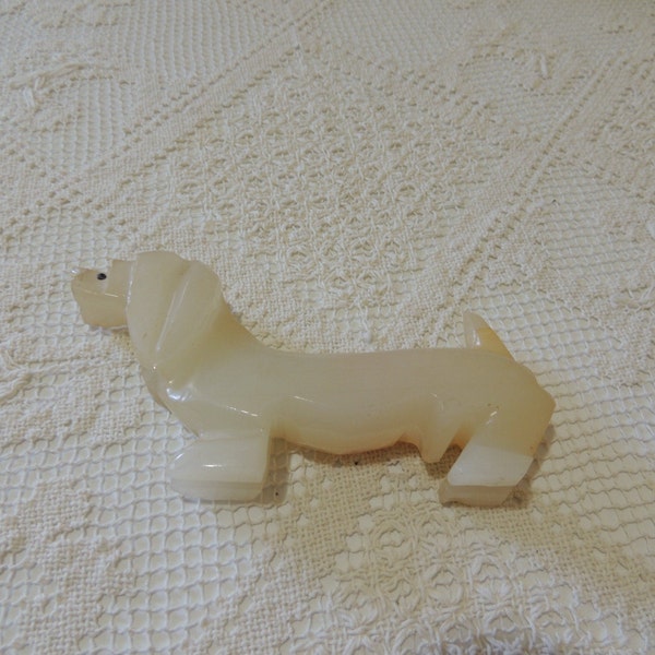 Cute Onyx Stone Dachshund Figurine. Vintage Hand Carved Stone Dog Sculpture. Alabaster Hound Dog Figure. Chiseled Primitive Statue.