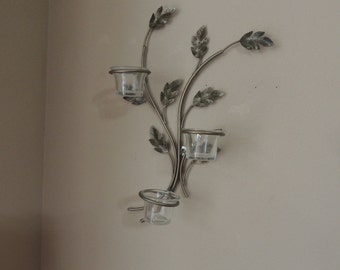 Three Votive Leaf Wall Candleholder. Gold Color Metal Branch Wall Sconce.