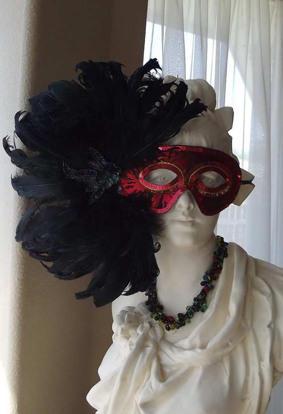 Black Feather Mask. Red Sequined Mask. Handmade V… - image 2