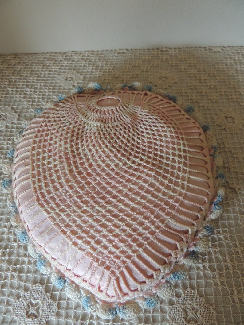 Collectible Cushion Vintage Crocheted Presentation Pillow Large Pink and Blue Pincushion Puffy Pin Cushion. Wedding Ring Pillow